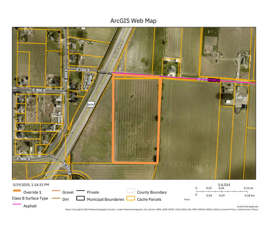 Aerial map of property and surrounding area with property parcel outlined