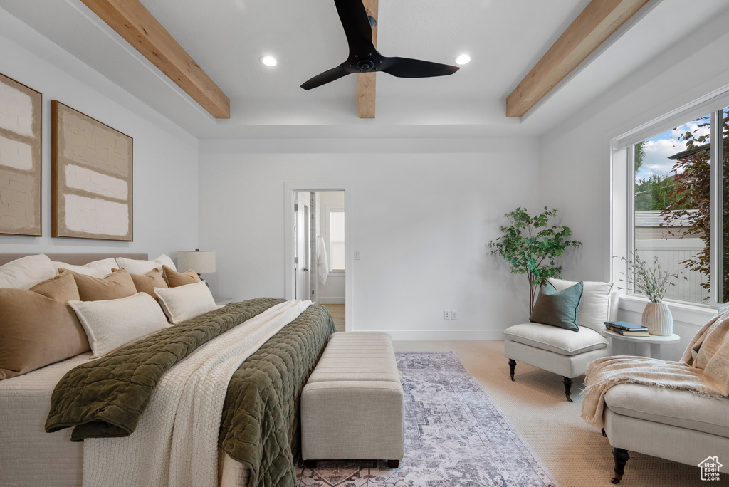 Bedroom with multiple windows, light carpet, recessed lighting, beam ceiling, and a ceiling fan