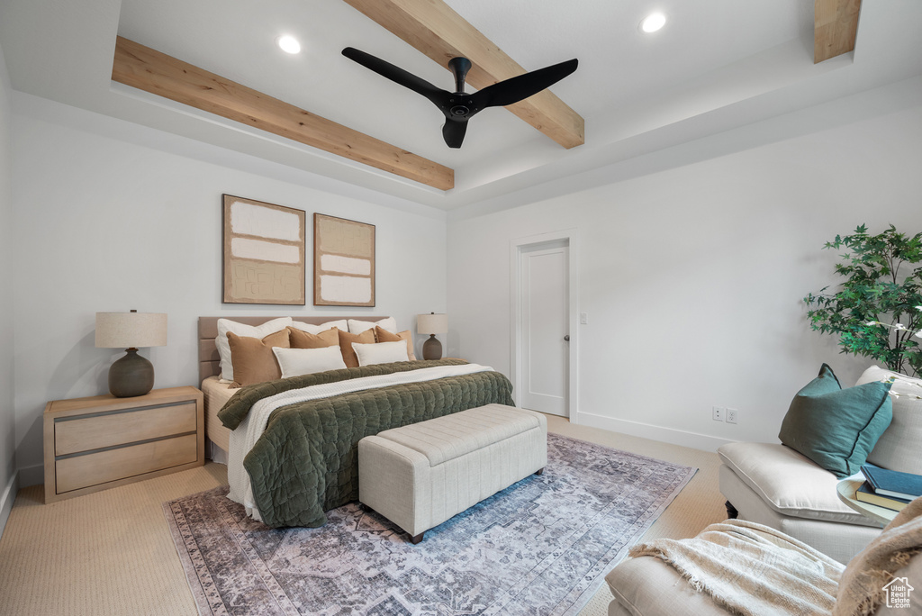 Bedroom featuring beamed ceiling, carpet, recessed lighting, a raised ceiling, and baseboards