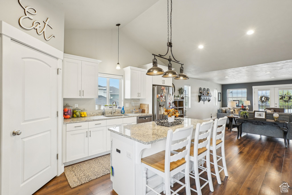 Kitchen featuring appliances with stainless steel finishes, open floor plan, a sink, a center island, and a kitchen breakfast bar