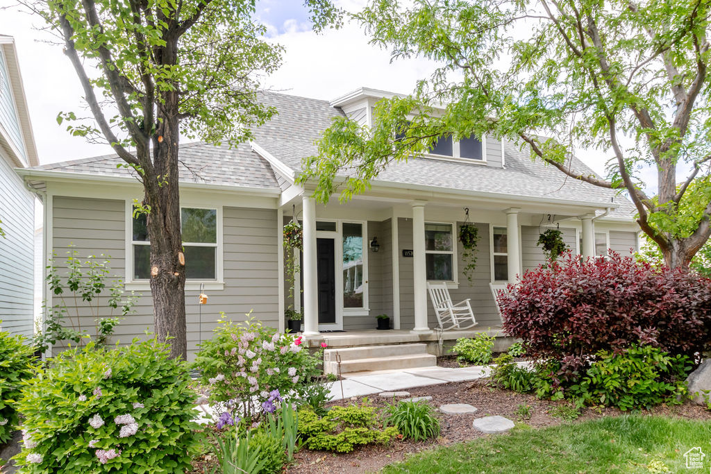 View of front of home featuring covered porch and roof with shingles