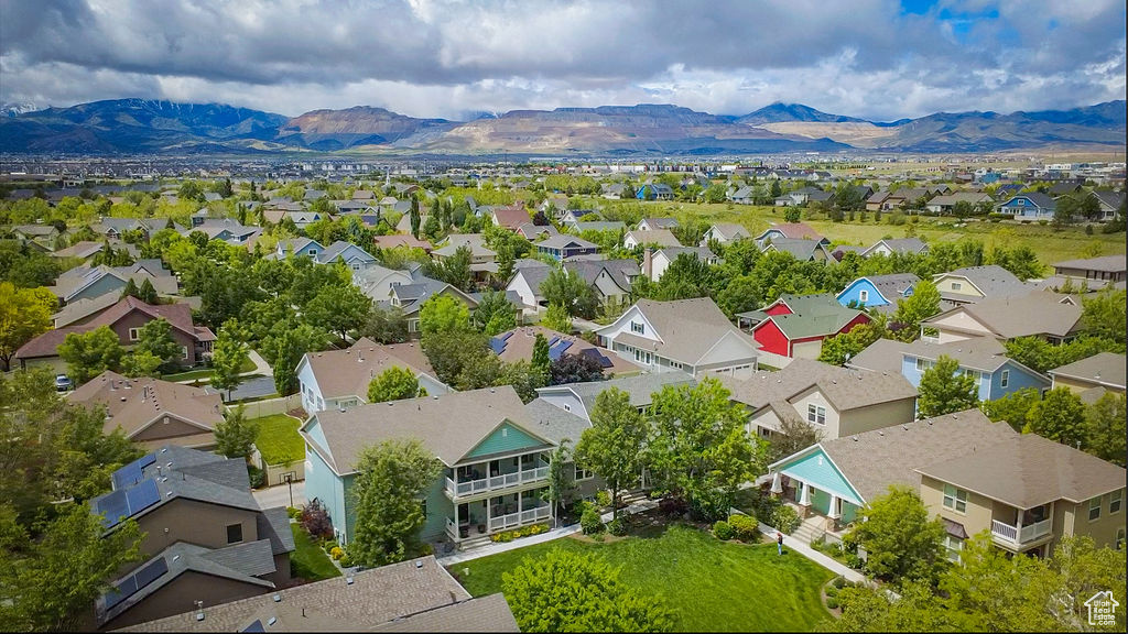 Aerial view of residential area with mountains