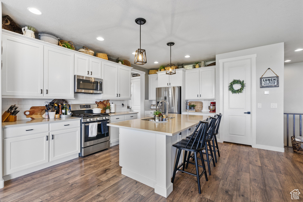 Kitchen with stainless steel appliances, a sink, tasteful backsplash, dark wood-style floors, and recessed lighting