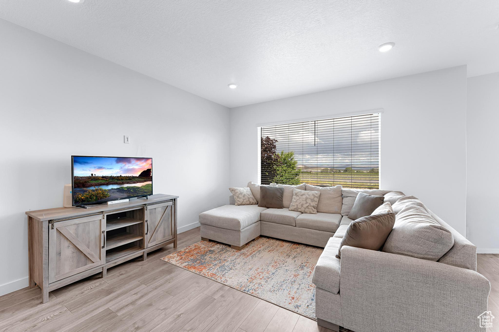 Living area featuring light wood finished floors, baseboards, and recessed lighting