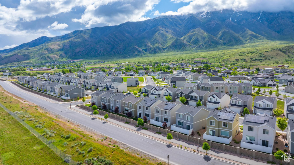 Aerial view of residential area with mountains