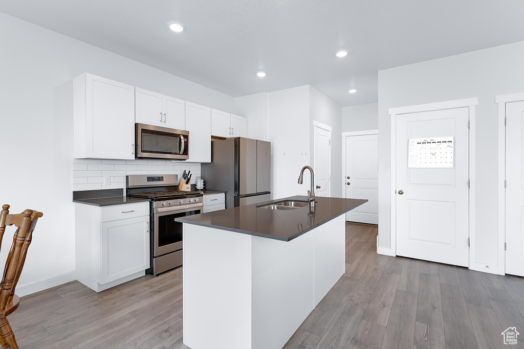 Kitchen with stainless steel appliances, a sink, dark countertops, light wood-type flooring, and a kitchen island with sink