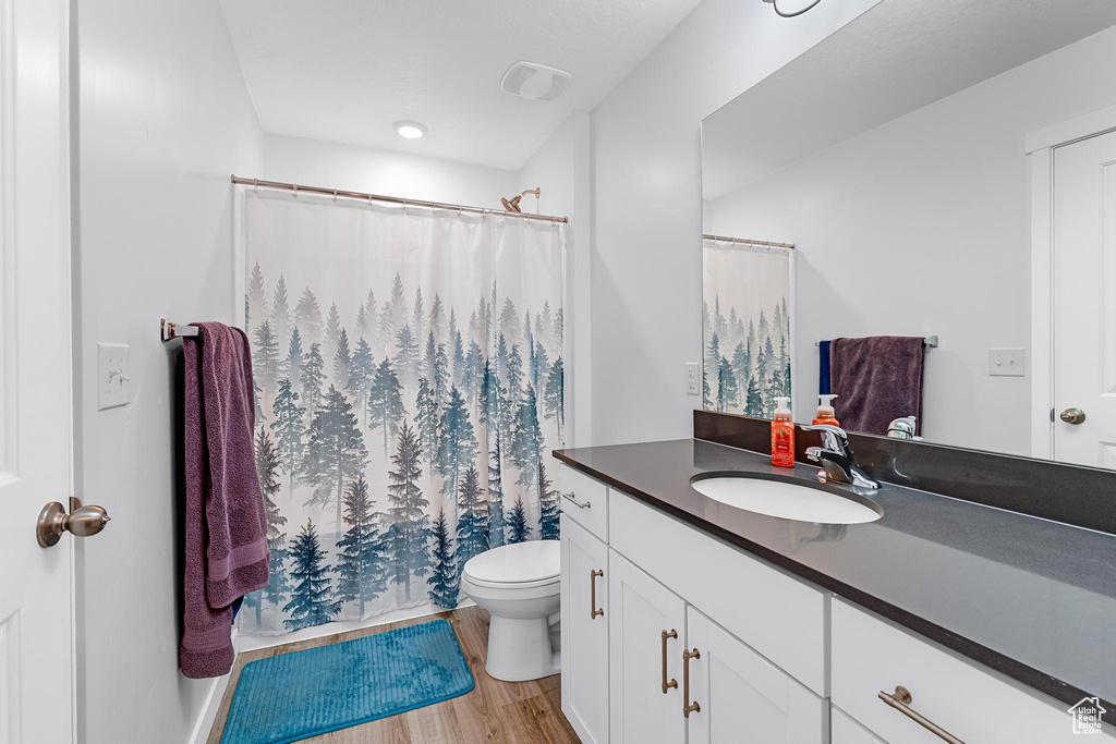 Full bathroom featuring wood finished floors, vanity, toilet, and curtained shower