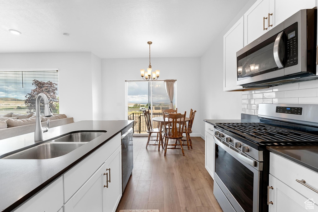 Kitchen with stainless steel appliances, a sink, healthy amount of natural light, and light wood-type flooring