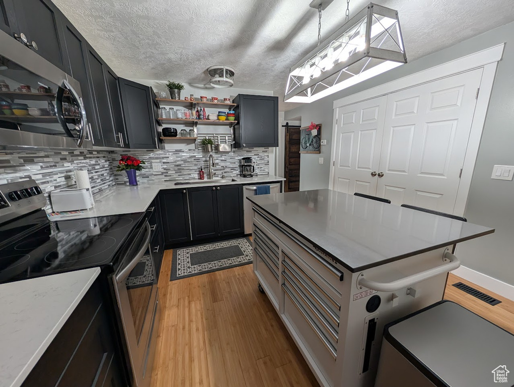 Kitchen with stainless steel appliances, a sink, open shelves, backsplash, and light wood-type flooring