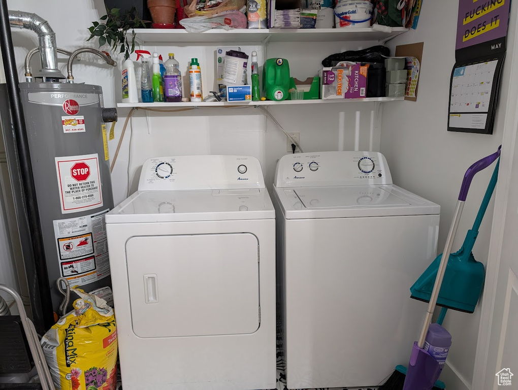 Laundry room featuring water heater and washing machine and clothes dryer