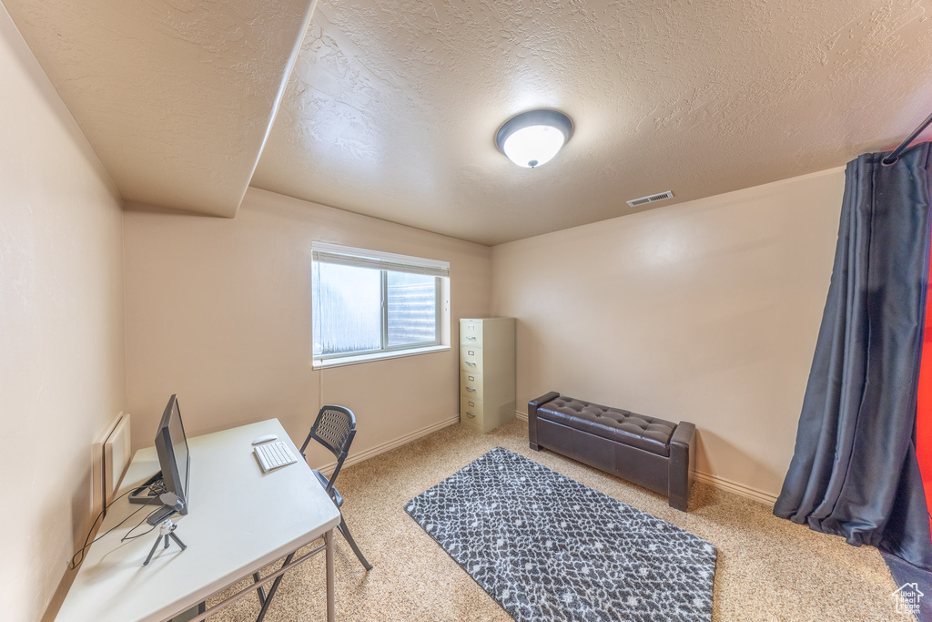 Carpeted office space featuring a textured ceiling and baseboards