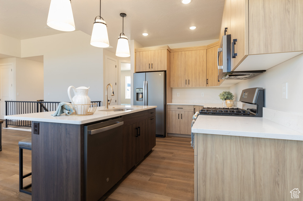 Kitchen featuring appliances with stainless steel finishes, a sink, light brown cabinetry, dark wood-type flooring, and a kitchen breakfast bar