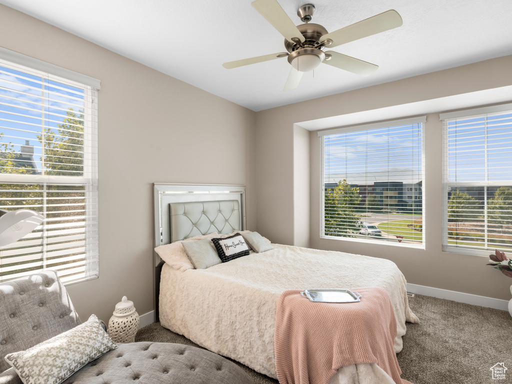 Carpeted bedroom with multiple windows, baseboards, and ceiling fan