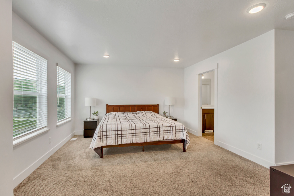 Bedroom featuring carpet flooring, baseboards, and recessed lighting