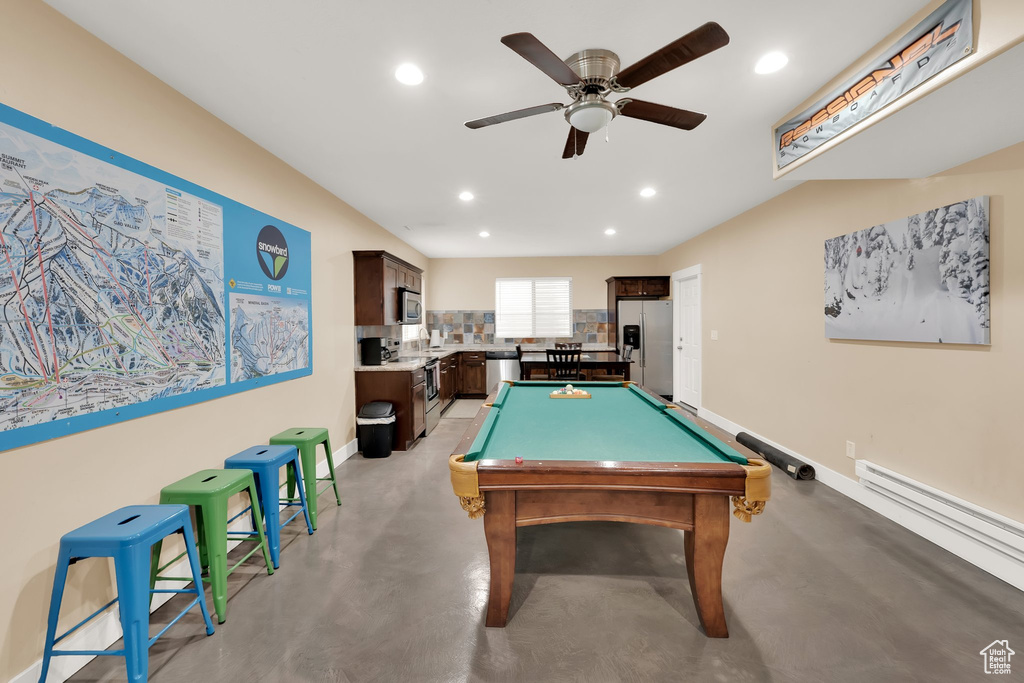 Playroom with recessed lighting, ceiling fan, finished concrete floors, baseboards, and pool table