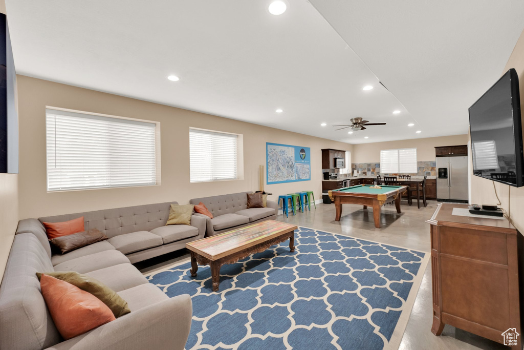 Living area featuring recessed lighting, ceiling fan, and billiards table
