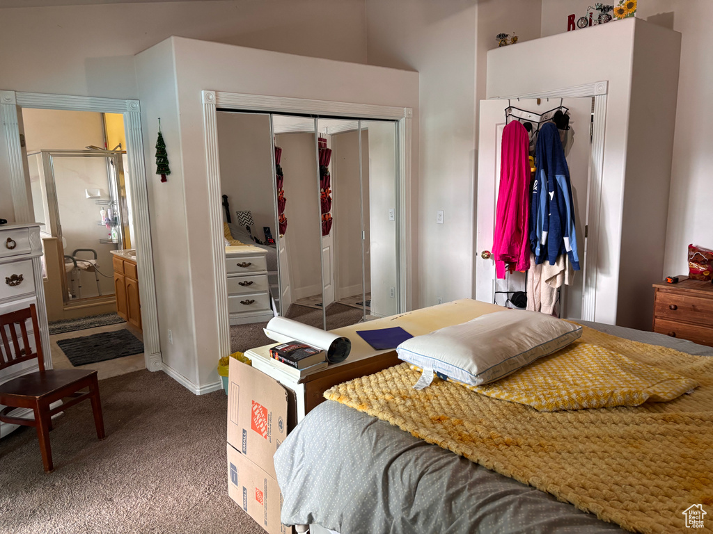 Carpeted bedroom featuring a closet and ensuite bath
