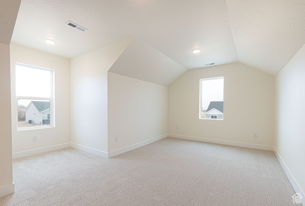 Additional living space with light carpet, lofted ceiling, and baseboards