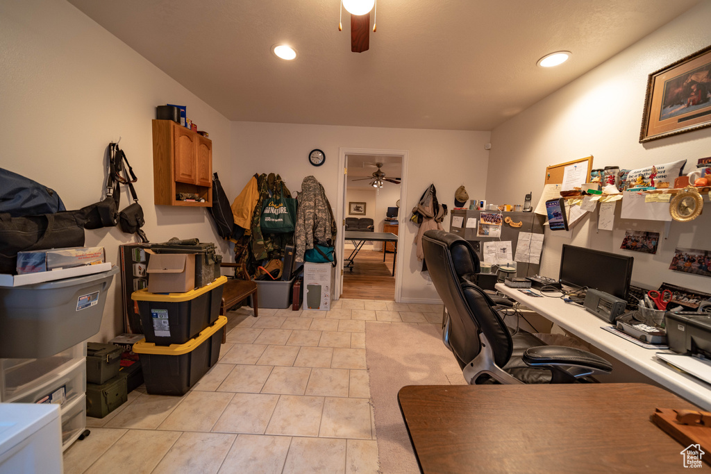 Office featuring ceiling fan, recessed lighting, and light tile patterned floors