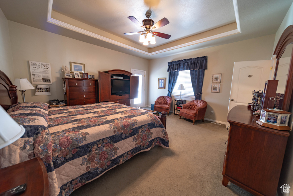Bedroom featuring a tray ceiling, carpet floors, ceiling fan, and baseboards