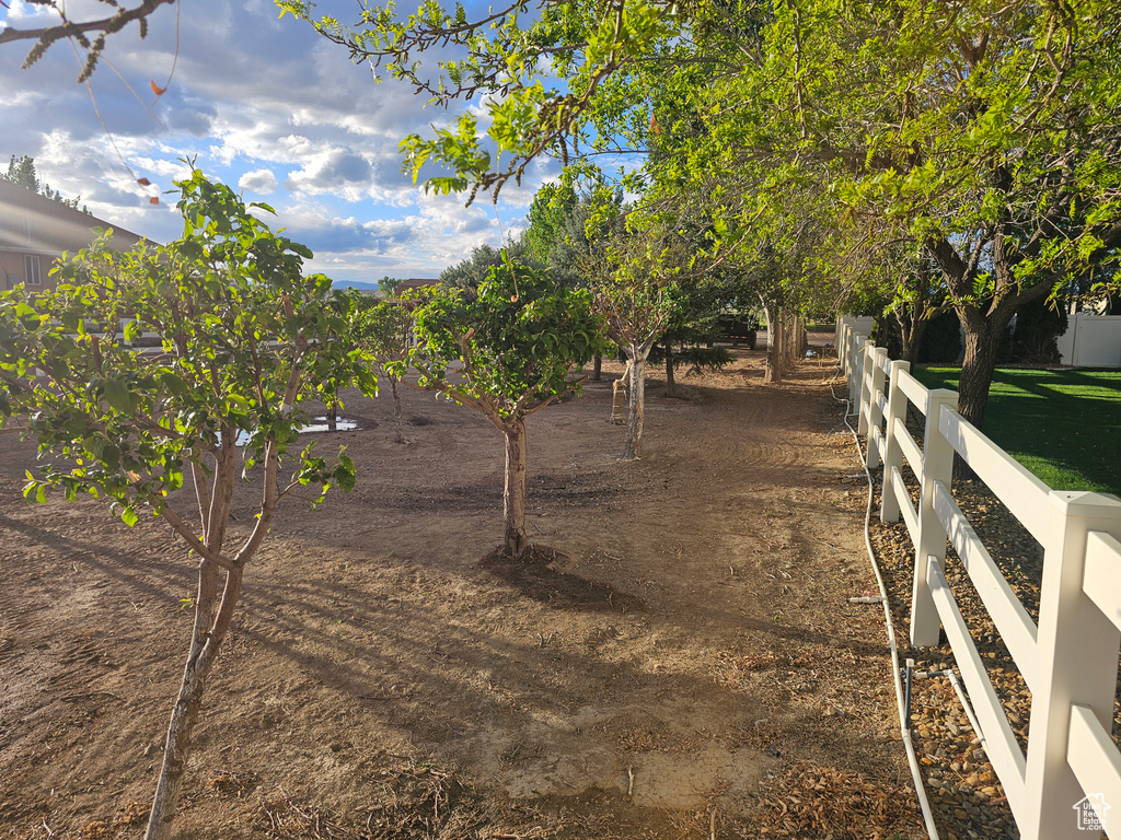 View of yard with fence and a rural view