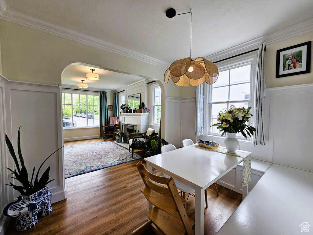 Dining room featuring a decorative wall, arched walkways, ornamental molding, wood finished floors, and wainscoting