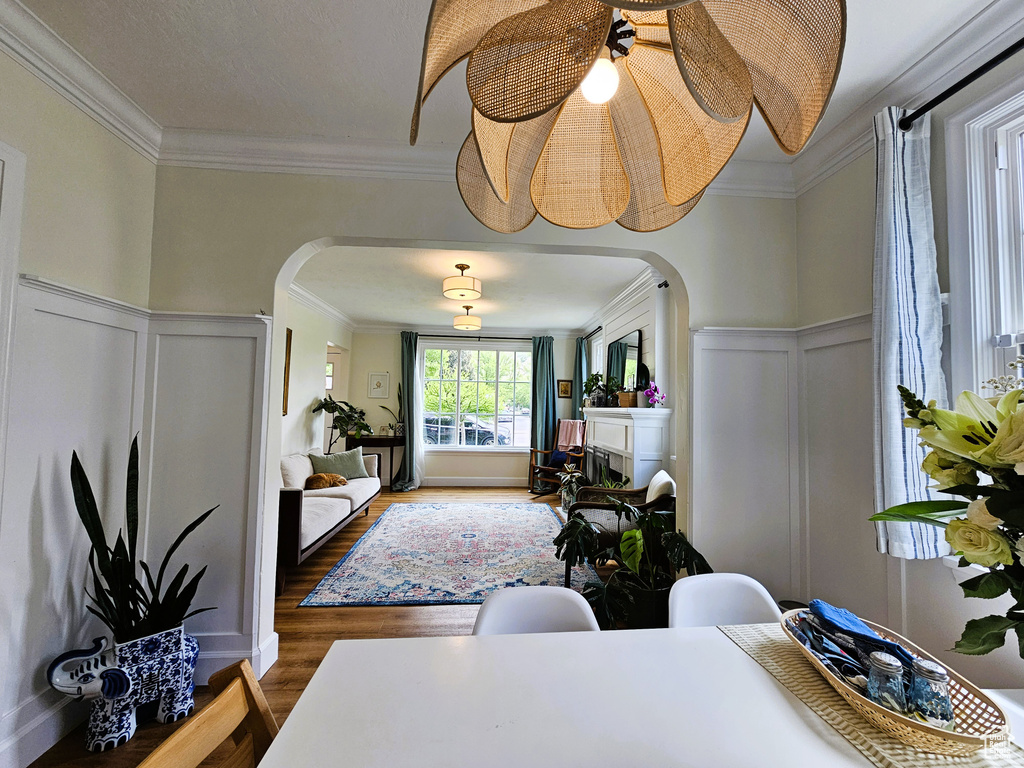 Living room featuring arched walkways, crown molding, wood finished floors, a fireplace, and a wainscoted wall