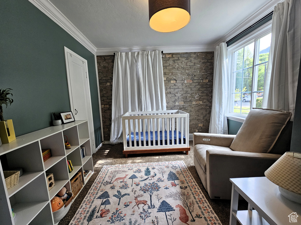 Bedroom featuring ornamental molding and a nursery area