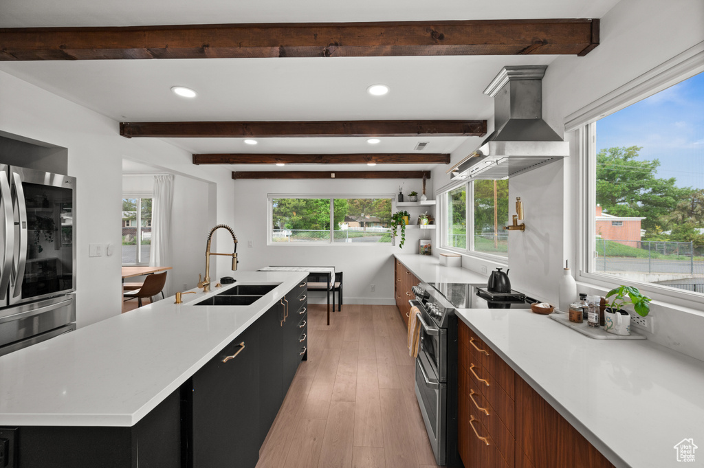 Kitchen featuring a sink, appliances with stainless steel finishes, island range hood, light wood-style flooring, and light countertops