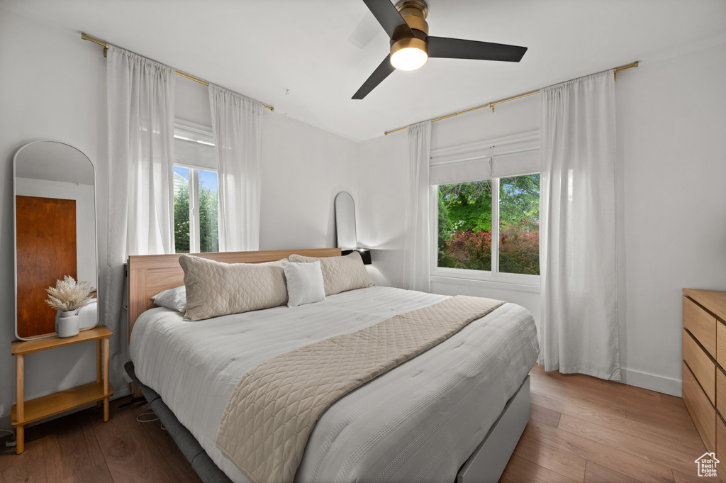Bedroom with multiple windows, hardwood / wood-style floors, and a ceiling fan