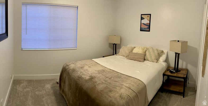 Bedroom with carpet floors and baseboards