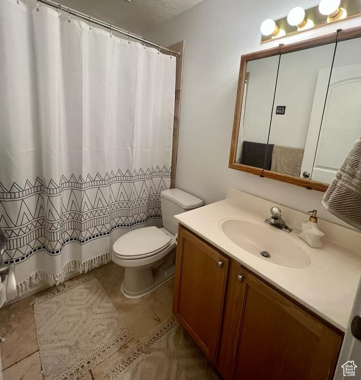 Bathroom with toilet, vanity, and a shower with curtain