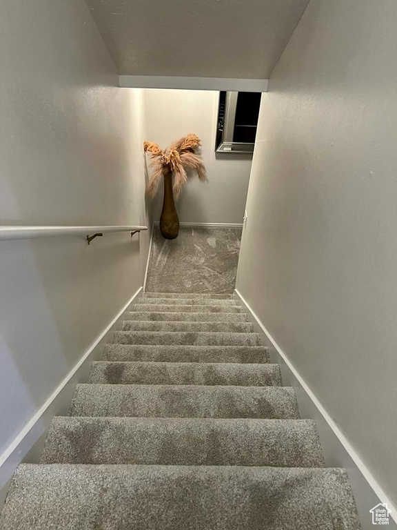Stairway featuring carpet and baseboards
