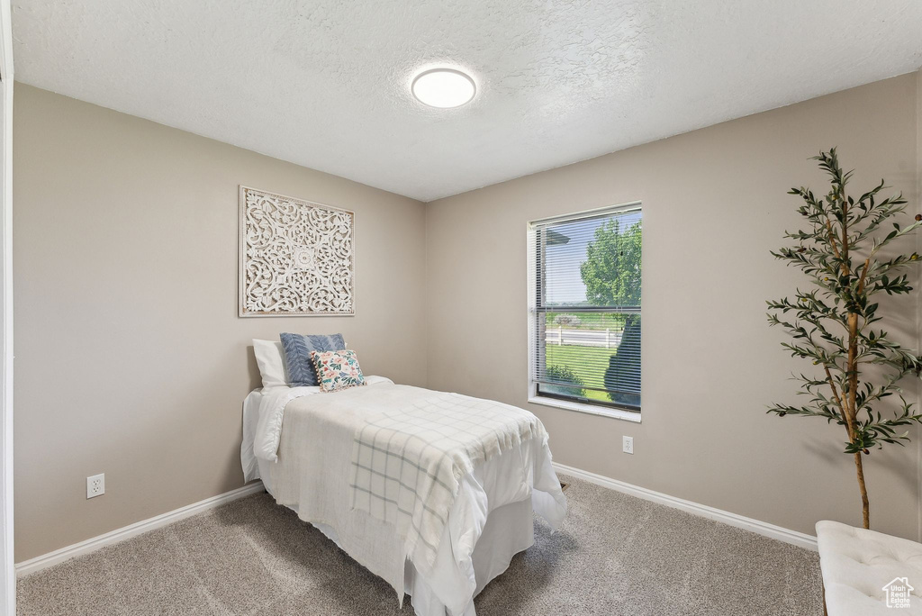 Carpeted bedroom featuring baseboards and a textured ceiling