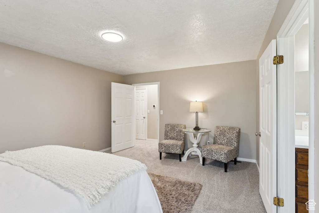 Bedroom with light carpet, baseboards, and a textured ceiling