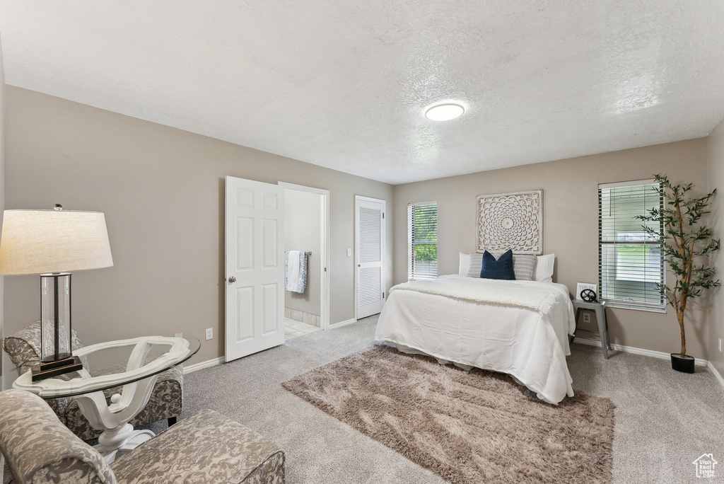 Carpeted bedroom with baseboards and a textured ceiling