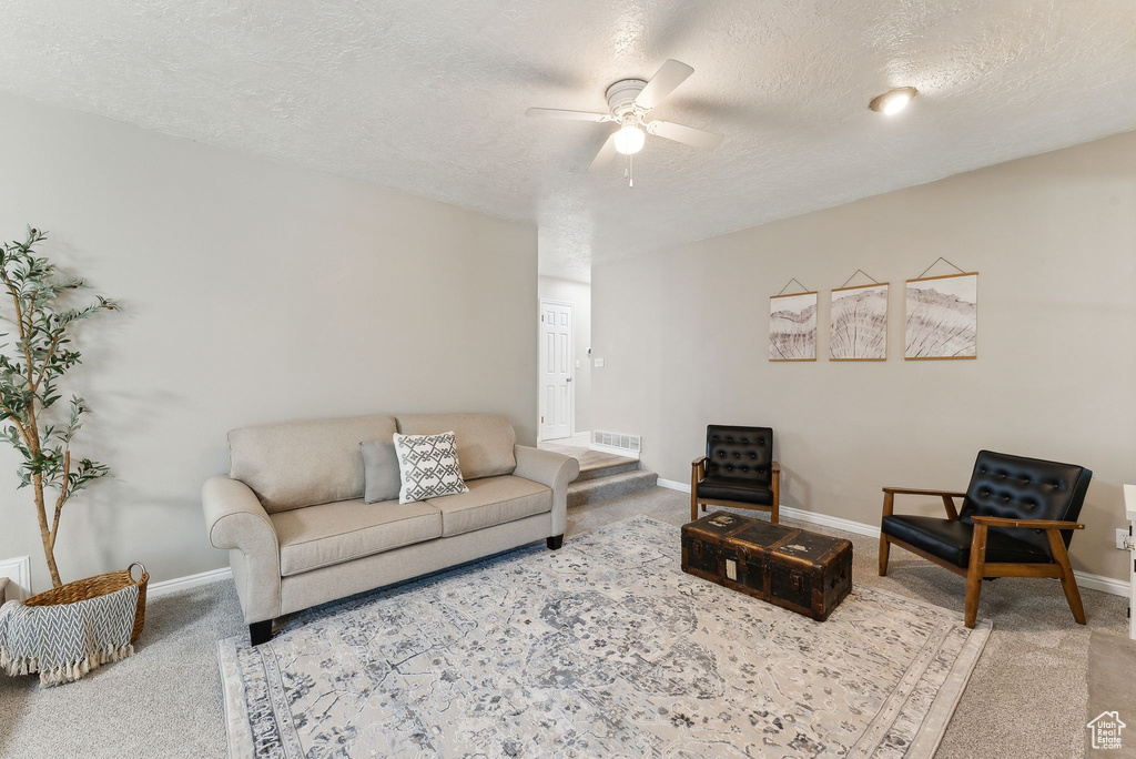 Living room featuring carpet, a ceiling fan, a textured ceiling, and baseboards