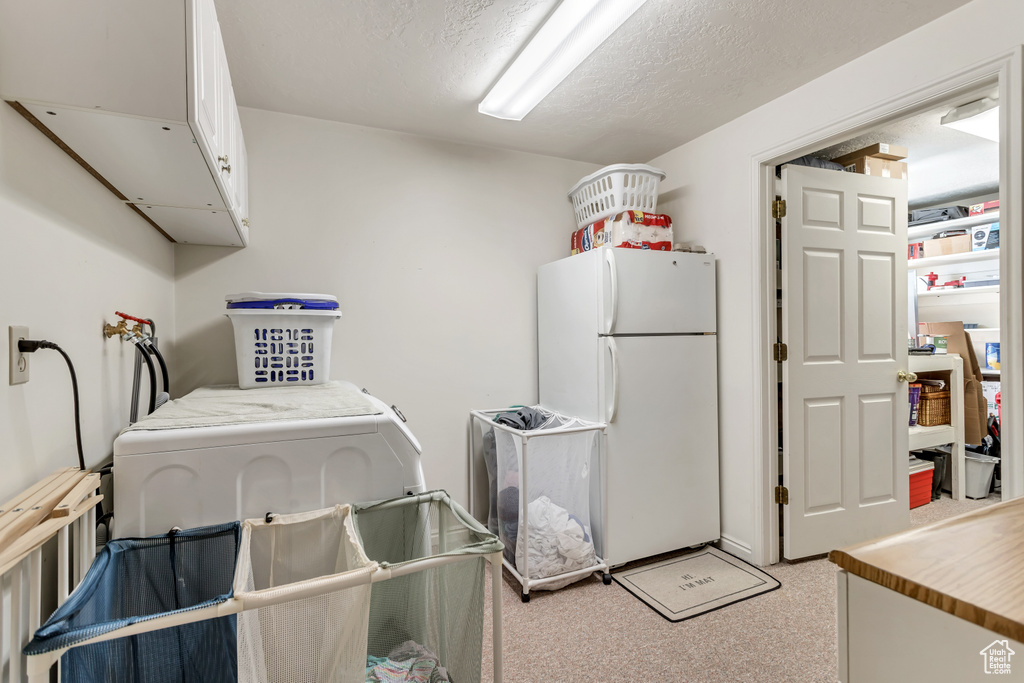 Laundry room with cabinet space, hookup for a washing machine, light colored carpet, and a textured ceiling