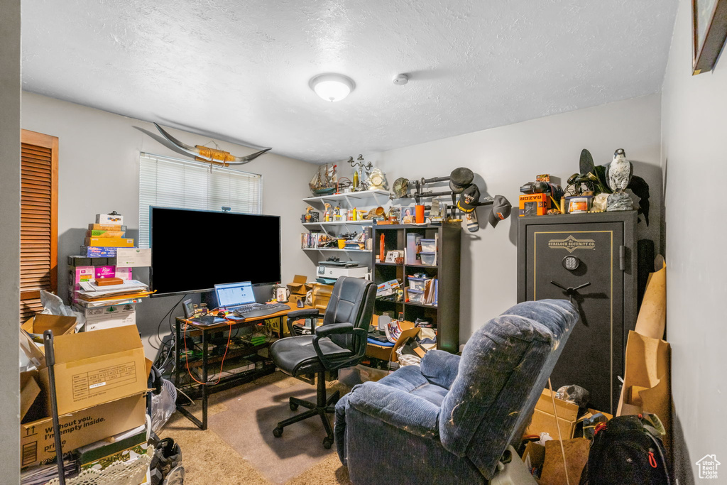Carpeted home office featuring a textured ceiling