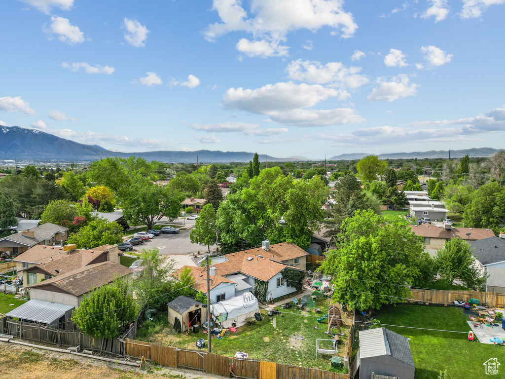 Aerial view of residential area with mountains
