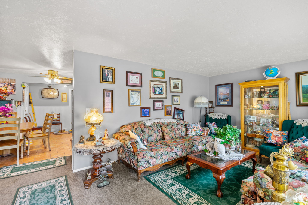 Living area with a ceiling fan, a textured ceiling, and carpet floors