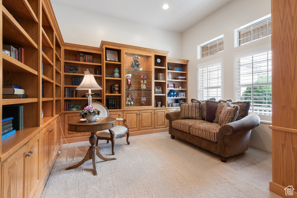 Sitting room with light carpet and recessed lighting