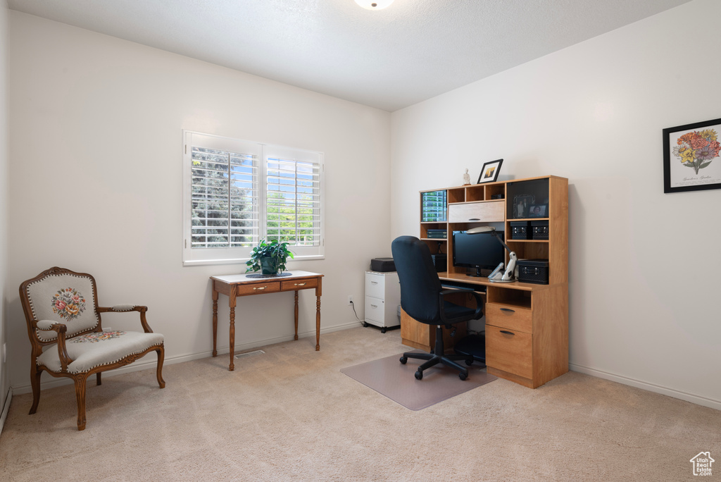 Home office with light carpet and baseboards