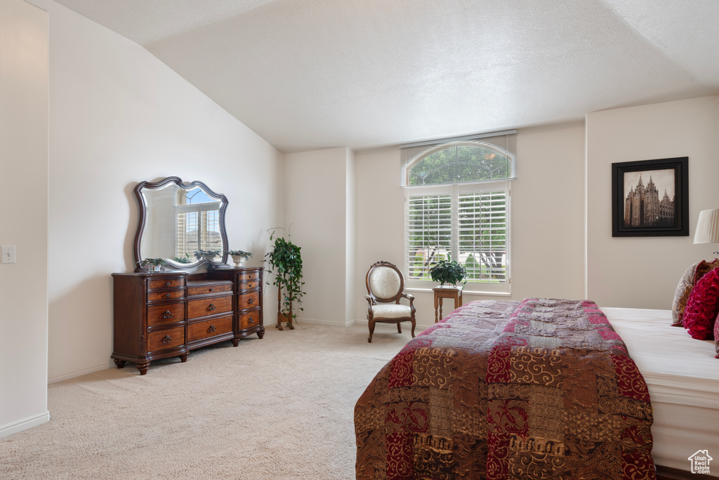 Carpeted bedroom with vaulted ceiling and baseboards