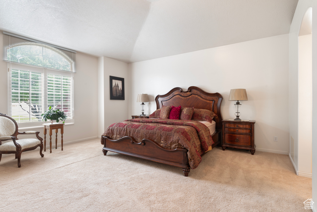 Bedroom with carpet, baseboards, and arched walkways