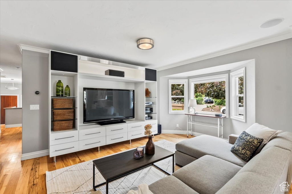 Living room with baseboards, light wood finished floors, and ornamental molding