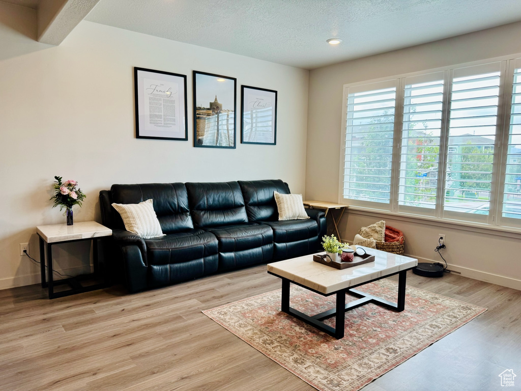 Living area featuring light wood-style floors, baseboards, recessed lighting, and a textured ceiling