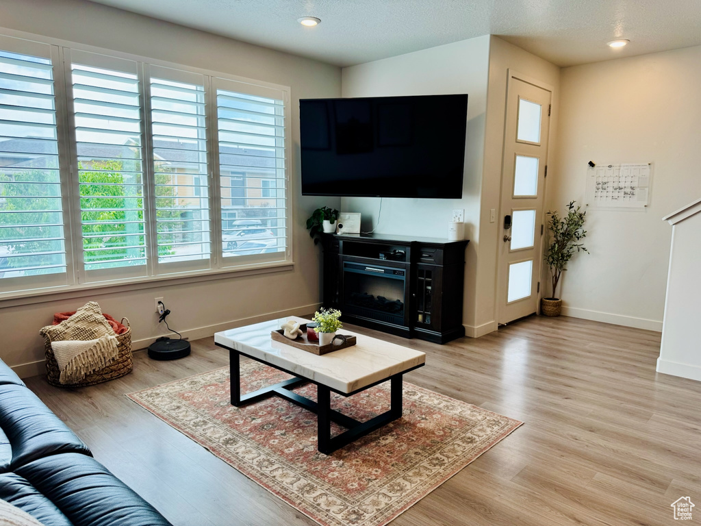 Living area with light wood-type flooring, baseboards, and recessed lighting