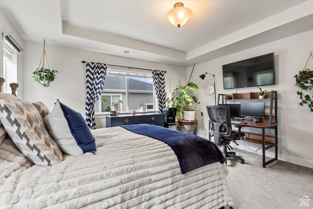 Carpeted bedroom with multiple windows, a desk, a tray ceiling, and baseboards