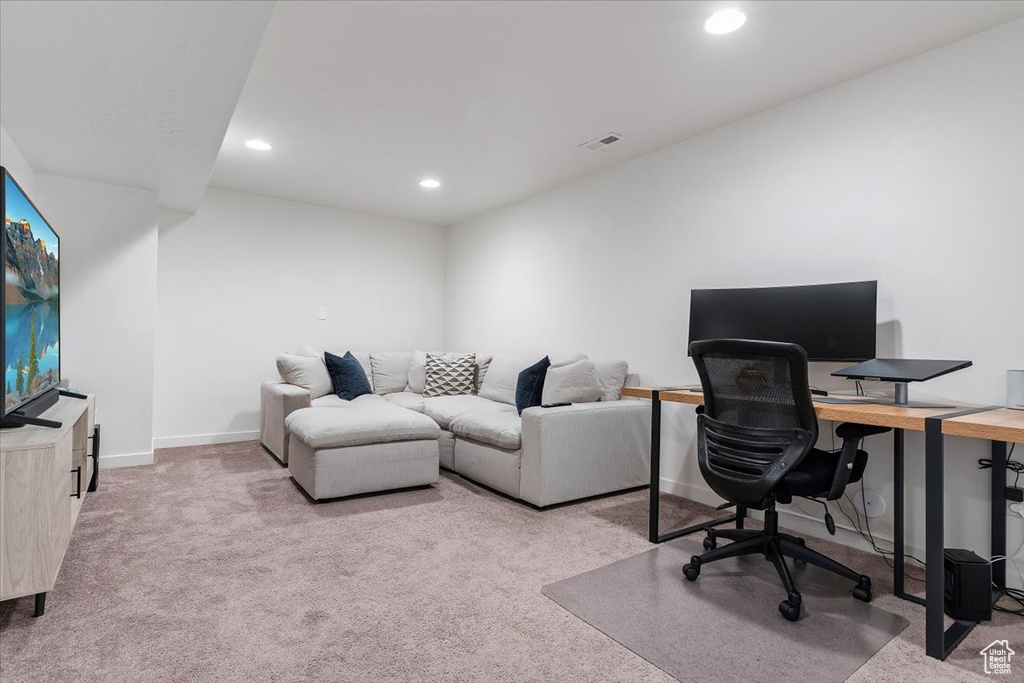 Office featuring light carpet, recessed lighting, and baseboards
